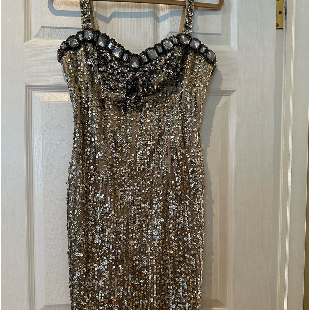 Mandalay Gold Sequin Mini Dress with Jeweled Neckline